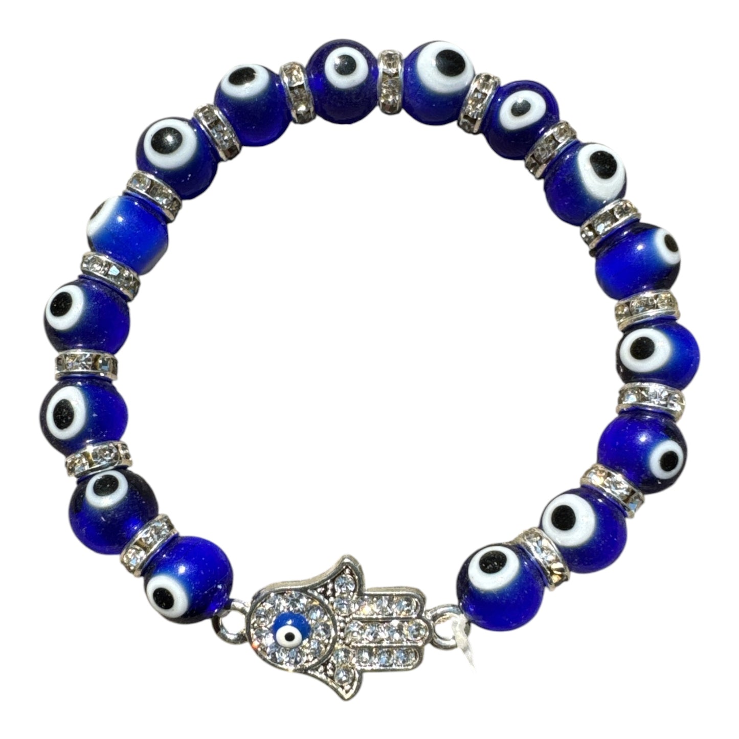 Evil Eye Cobalt Glass Beads W/ Gem Hand of Fatima Protection Bracelet