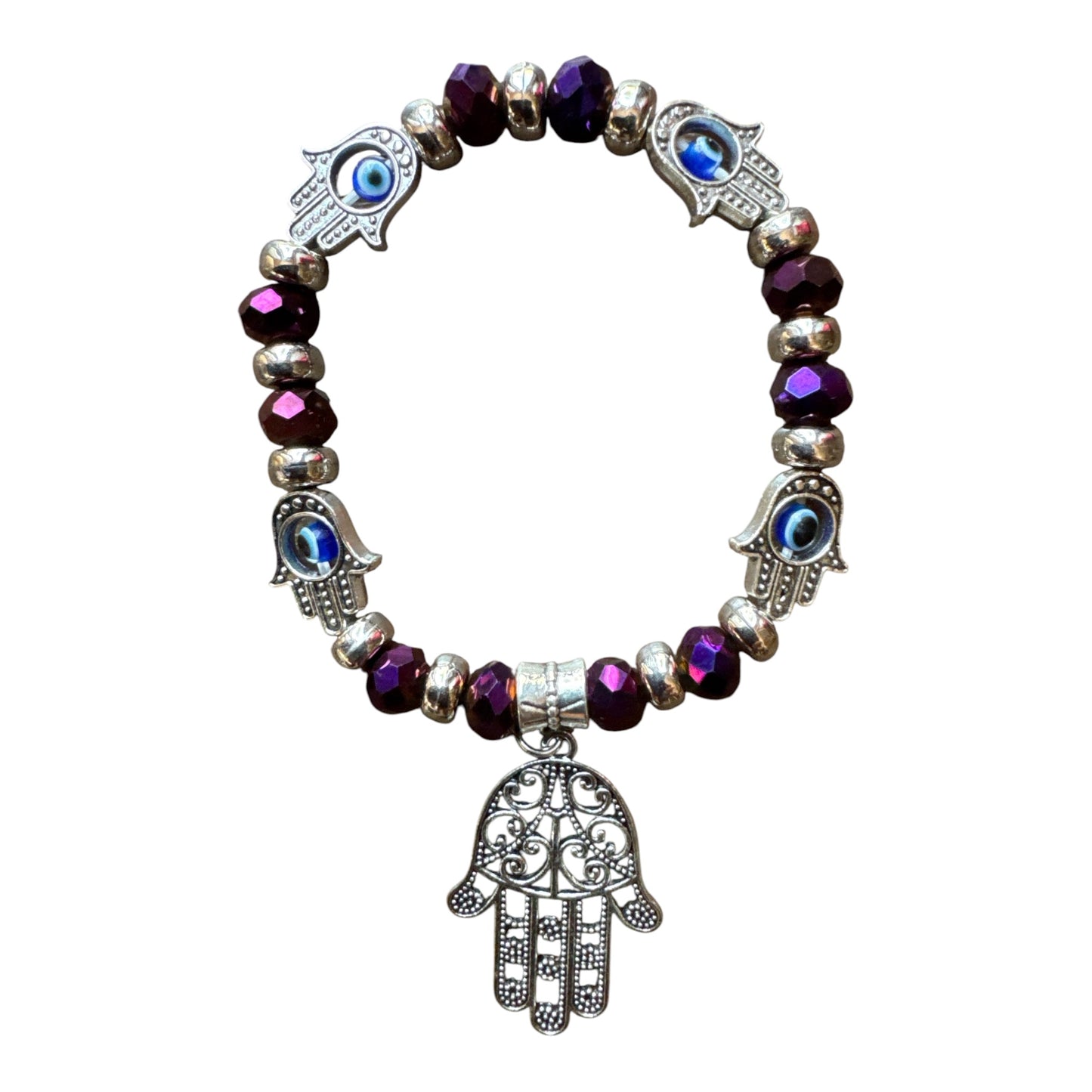 Iridescent Faceted Purple Evil Eye Glass Beads/ Hand of Fatima Protection Bracelet
