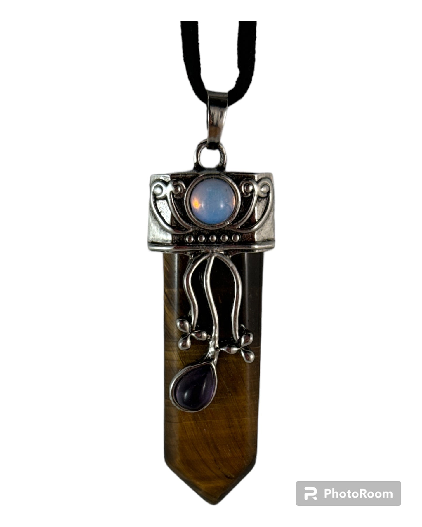 Gold Tiger Eye pendant (terminated point with Opal and Amethyst)