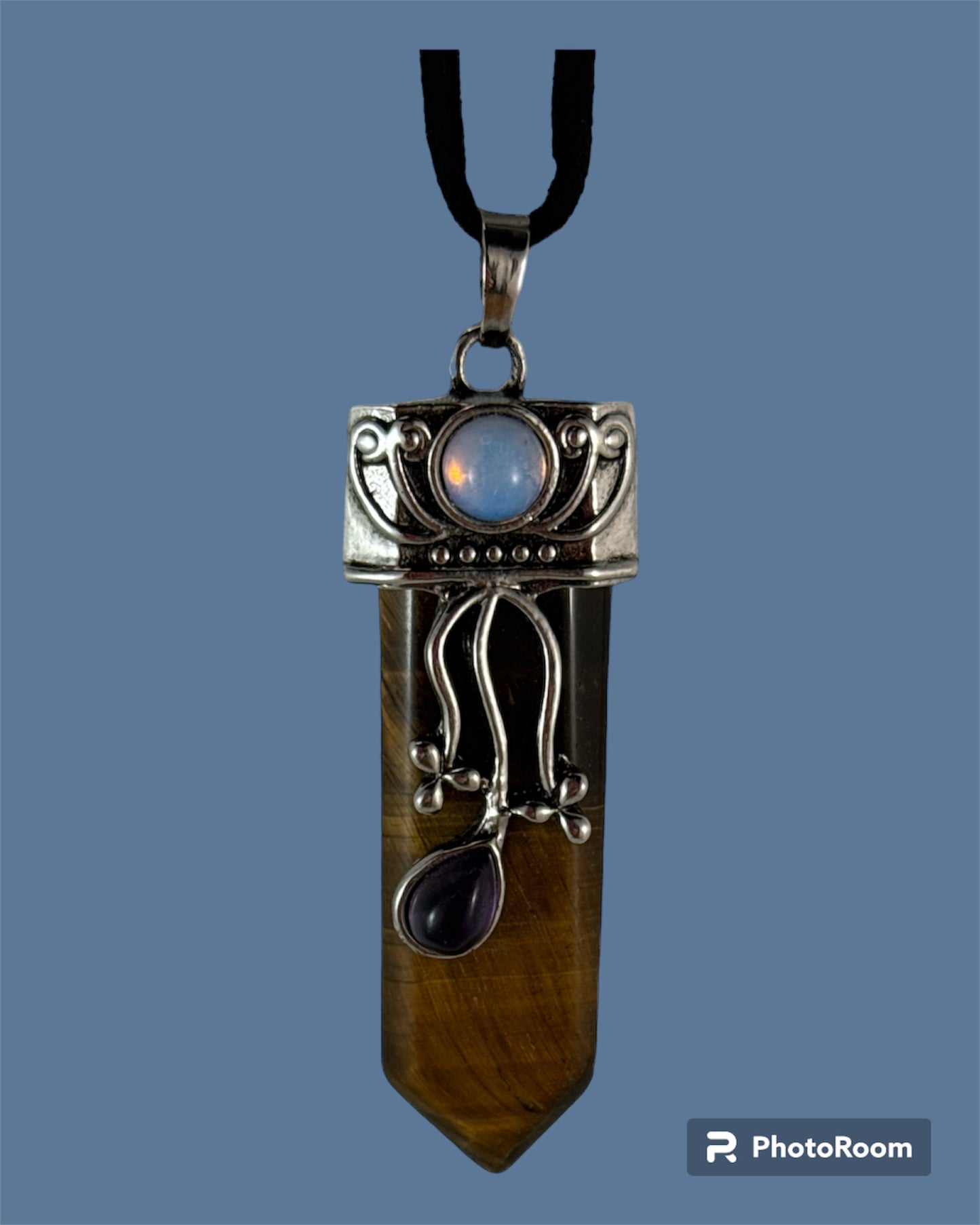 Gold Tiger Eye pendant (terminated point with Opal and Amethyst)