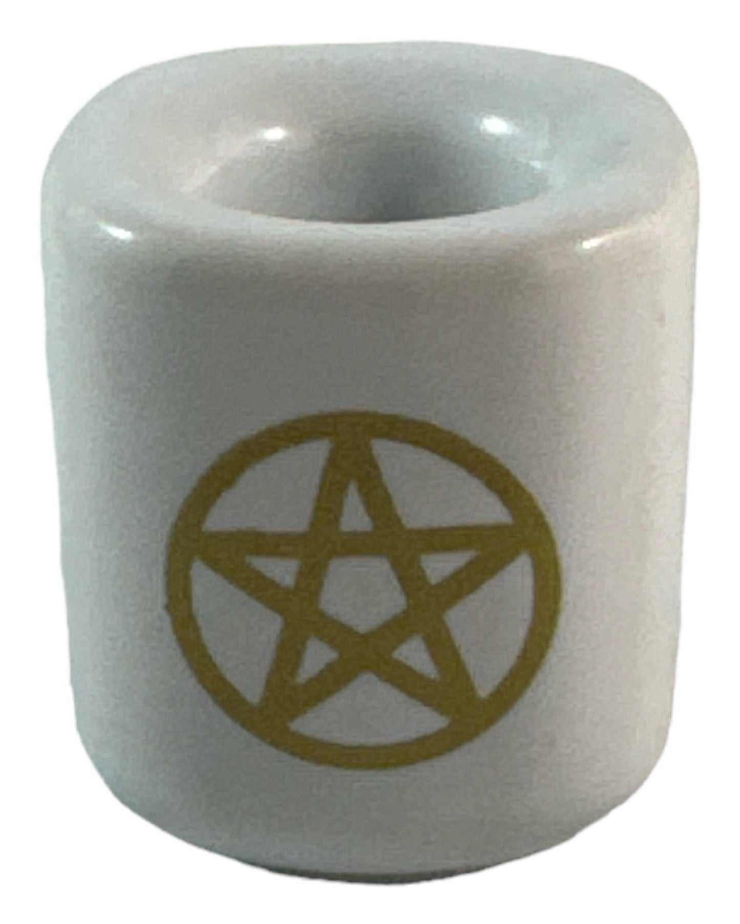 Gold Pentacle on white mini ritual candle holder