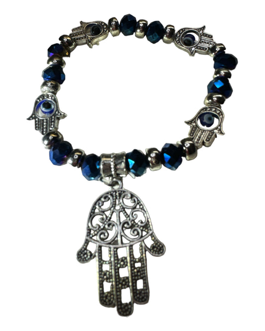 Iridescent Royal Blue Faceted Evil Eye/ Hand of Fatima Protection Bracelet