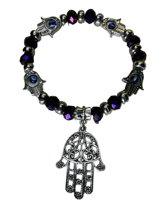 Iridescent Faceted Purple Evil Eye/ Hand of Fatima Protection Bracelet