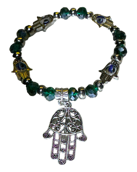 Iridescent Faceted Green Evil Eye/ Hand of Fatima Protection Bracelet