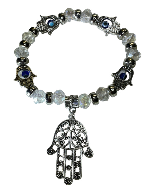 Iridescent Faceted White Evil Eye/ Hand of Fatima Protection Bracelet