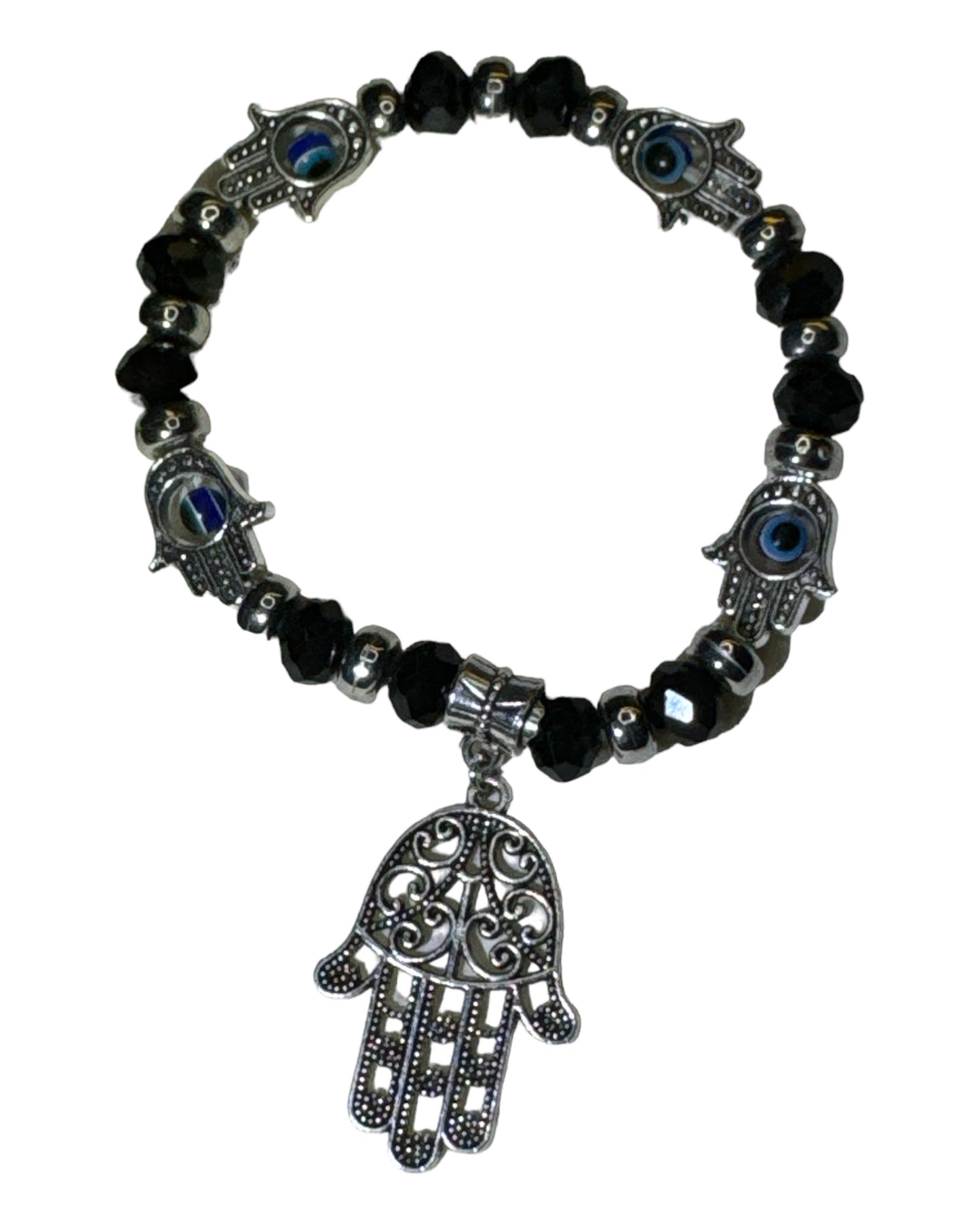 Iridescent Faceted Black Evil Eye/ Hand of Fatima Protection Bracelet