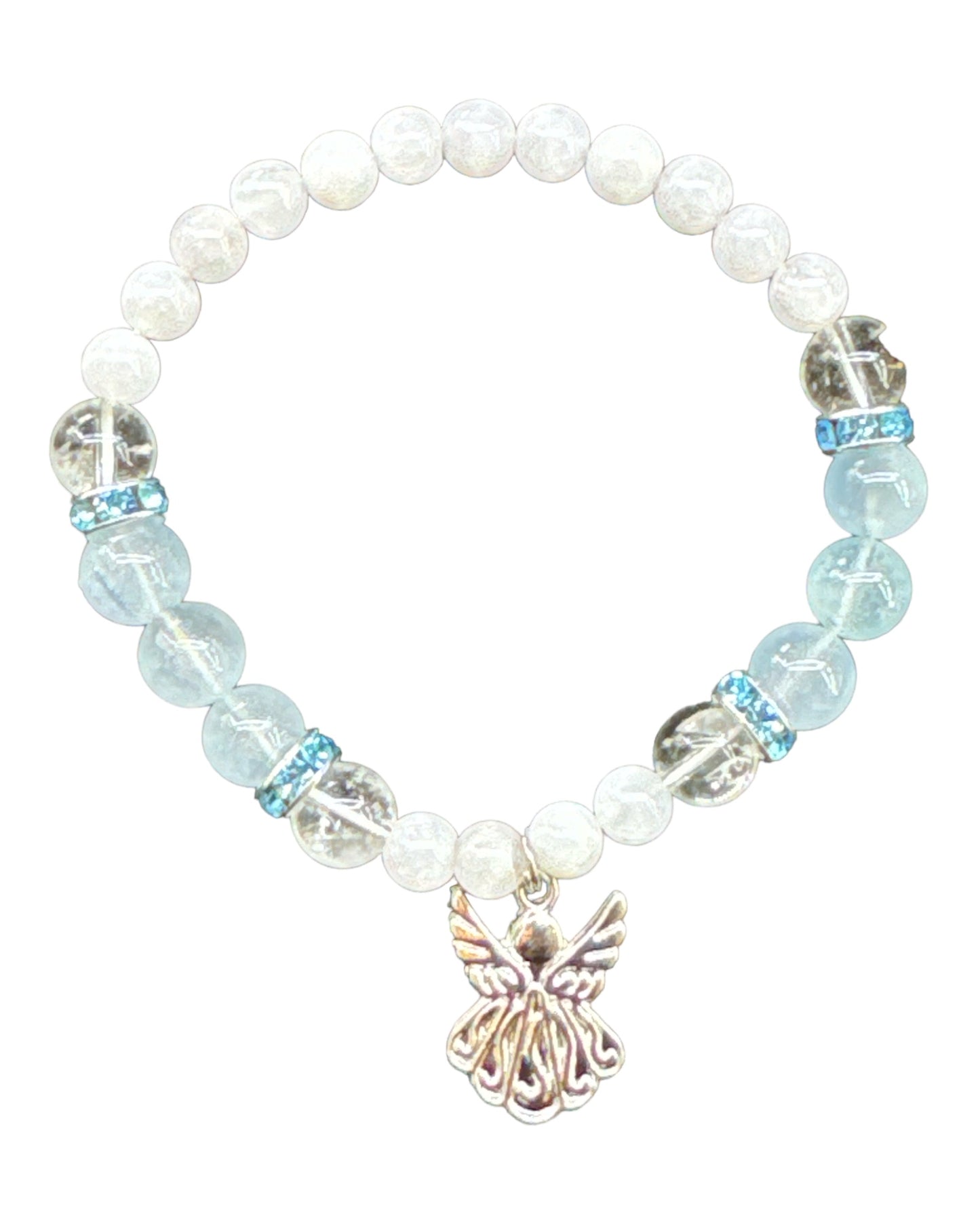 6mm & 8mm round Rainbow Moonstone & Aquamarine & Clear Quartz bracelet