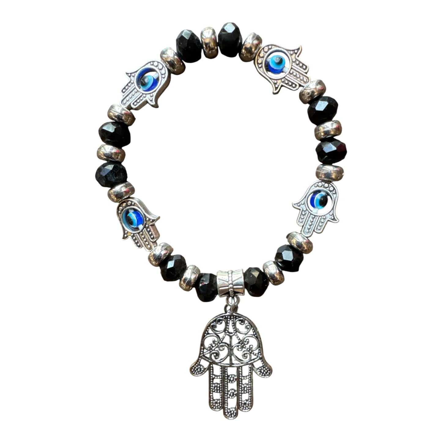 Iridescent Faceted Black Evil Eye Glass Beads/ Hand of Fatima Protection Bracelet
