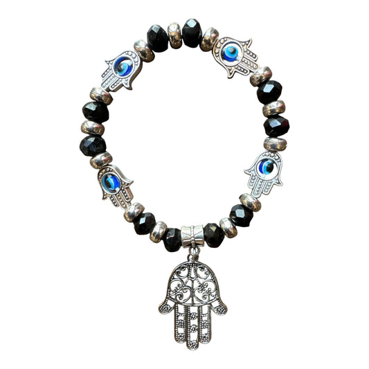Iridescent Faceted Black Evil Eye Glass Beads/ Hand of Fatima Protection Bracelet