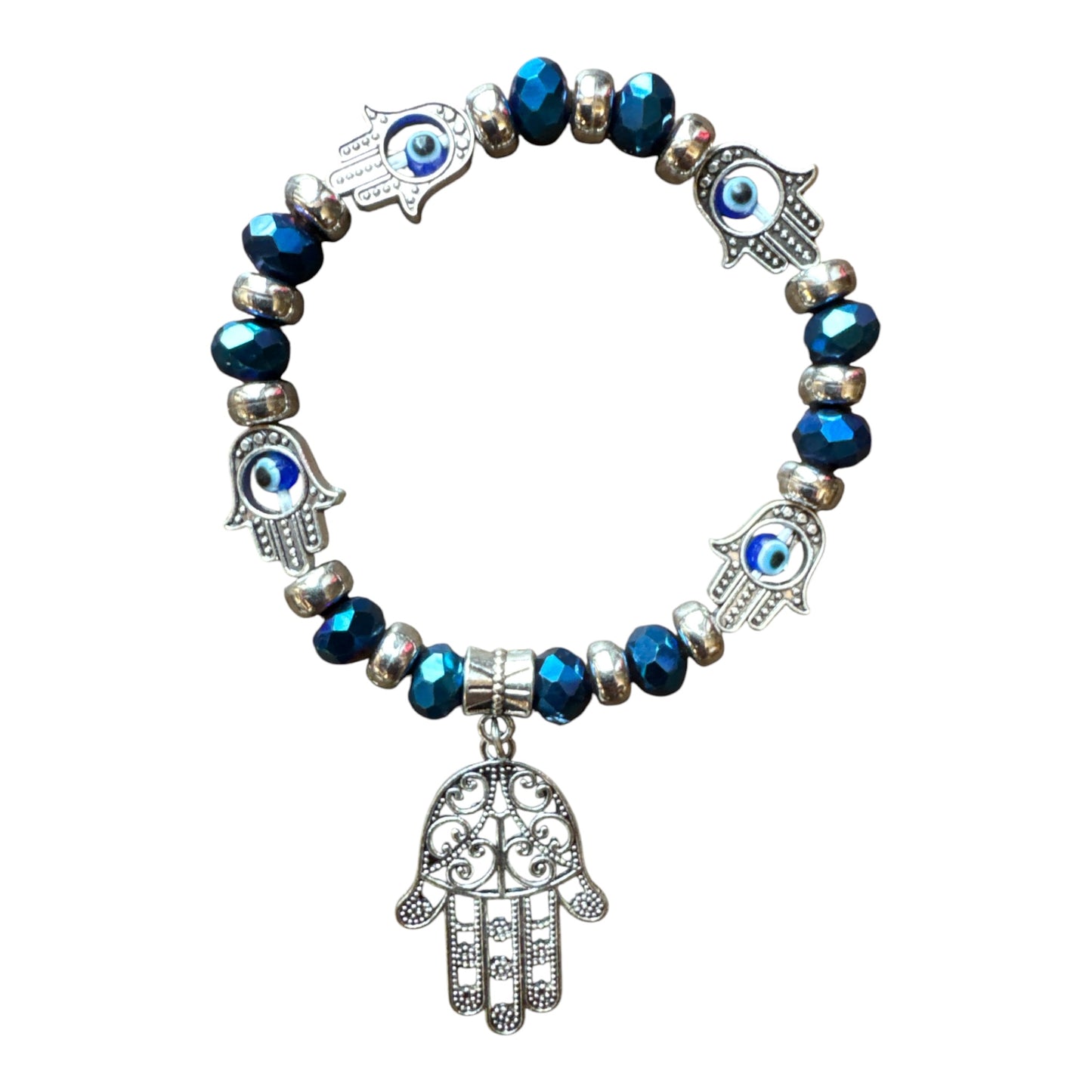Iridescent Royal Blue Faceted Evil Eye Glass Beads/ Hand of Fatima Protection Bracelet