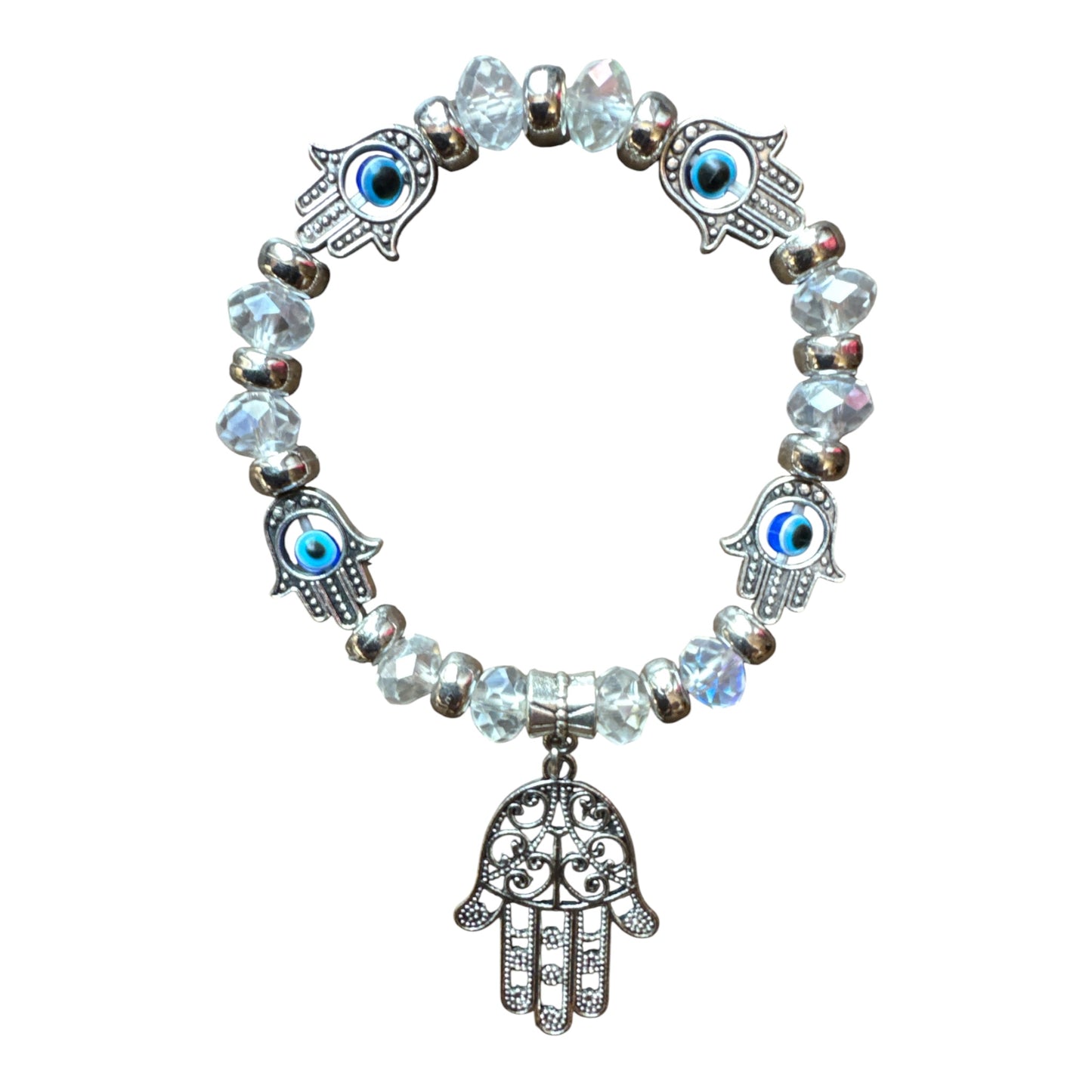 Iridescent Faceted White Evil Eye/ Hand of Fatima Protection Bracelet