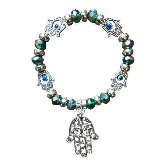 Iridescent Faceted Green Evil EyeGlass Beads/ Hand of Fatima Protection Bracelet