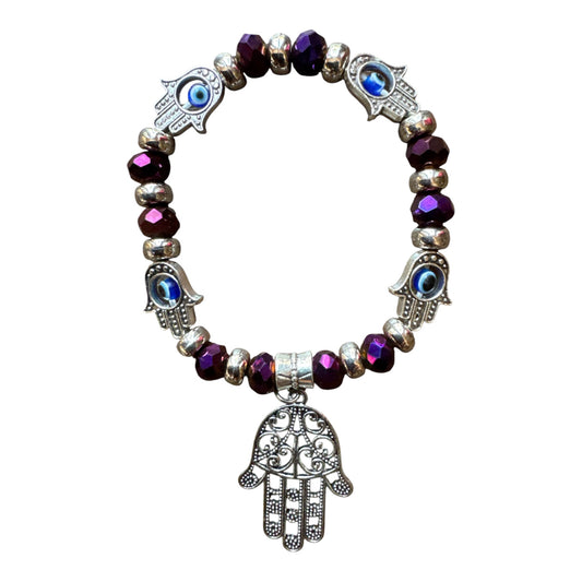Iridescent Faceted Purple Evil Eye Glass Beads/ Hand of Fatima Protection Bracelet