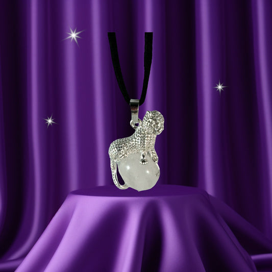 Snow Quartz Jaguar pendant (Jaguar sitting on full moon)