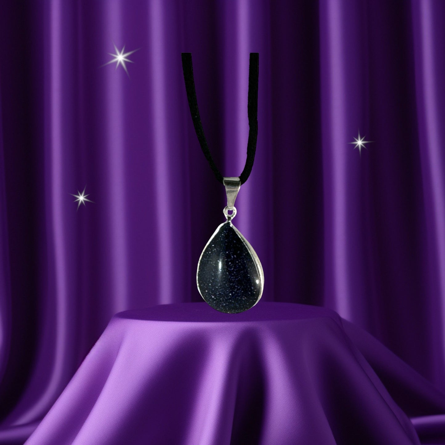 Blue Goldstone pendant (tear/metal)