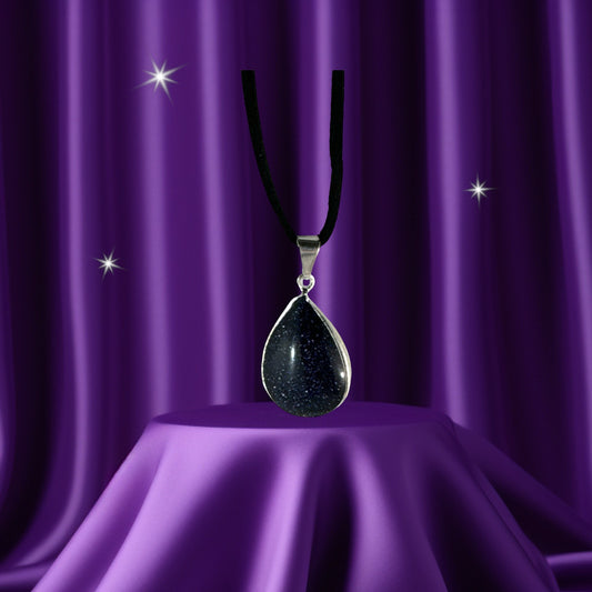 Blue Goldstone pendant (tear/metal)