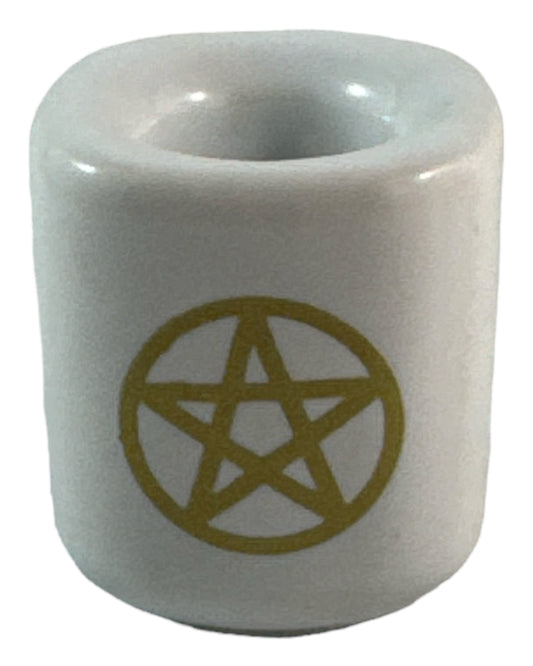 Gold Pentacle on white mini ritual candle holder
